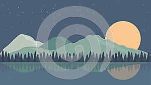 Animated cartoon background. Looped animation of mountain landscape with pine trees. Flat footage with parallax effect. side view