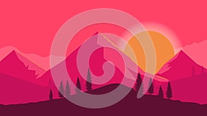 Animated cartoon background. Looped animation of mountain landscape with pine trees. Flat footage with parallax effect. side view