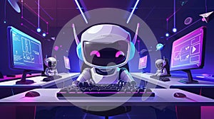 Animated cartoon illustration of cute robots, digital assistants on a computer keyboard and a computer screen with