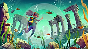 Animated cartoon illustration of a diving suit and an aqualung with ruins of a sunken ancient city under water.