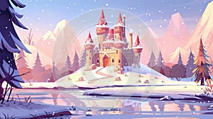 Animated cartoon illustration of a fantasy castle on frozen river bank during the winter. Stunning nature scene with