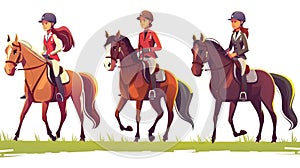 Animated cartoon illustration of a female horse rider in uniform and a male horse rider in helmet and helmet. Cartoon