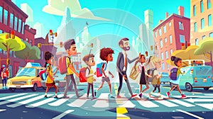 Animated cartoon illustration showing children crossing a city crossroad with traffic lights and adults holding signals