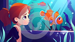 Animated cartoon illustration showing tropical marine animals in a fish tank or oceanarium, with a cute girl behind a