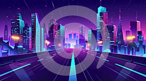 Animated cartoon illustration showing an urban skyline and a road leading to a city. Neon lights illuminate the highway