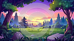 Animated cartoon nature sunset landscape with green field, conifers and rocks under purple sky. Game background, summer