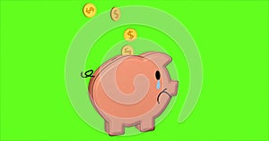 Animated cartoon piggy bank loses golden coins and is sad.