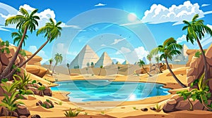 Animated cartoon scene of a pond in a sandy desert with ancient pyramids. Modern illustration of a pond with blue water