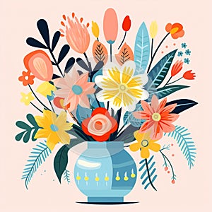 Animated cartoon style image of a charming vase overflowing with vibrant, whimsical flowers