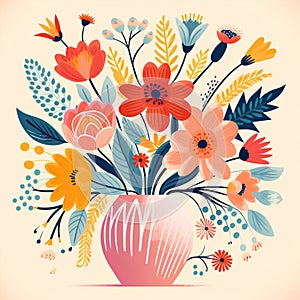 Animated cartoon style image of a charming vase overflowing with vibrant, whimsical flowers