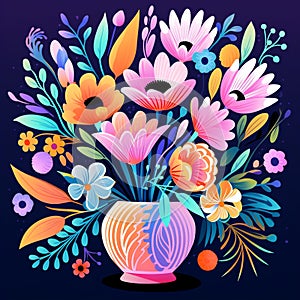 Animated cartoon style image of a charming vase overflowing with vibrant, whimsical flowers