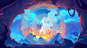 Animated cartoon volcanic eruption view from cave. Hell landscape background with steaming magma flowing from volcano