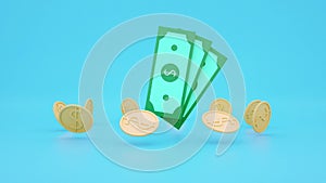 Animated Cash dollar bills and floating coins around video illustration. money-saving, cashless society concept.