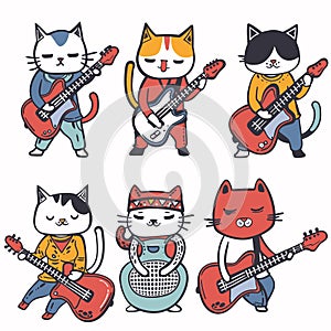 Animated cats playing various guitars, colorful cartoon music. Cat characters performing electric
