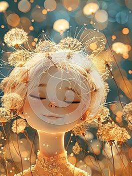 Animated character with dandelion seeds in hair, whimsical and joyous, Generated AI