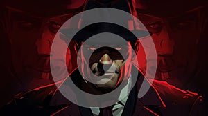 Animated Character With Hat And Red Eyes In Comic Book Noir Style