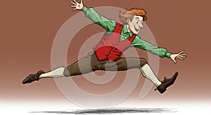 Animated character leaps joyfully in mid-air against a brown background. The photo