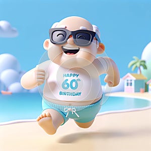 Animated character swimwear on beach with Happy 60th Birthday Dad sign. Celebration humor concept