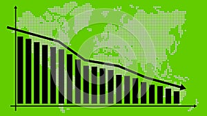 Animated chart of financial decline with a trend line chart. Global economic crisis, global recession, decrease graph. World map w