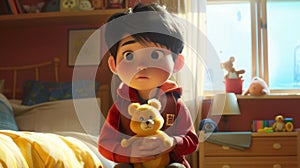 Animated Child Holding Teddy Bear in Sunny Bedroom