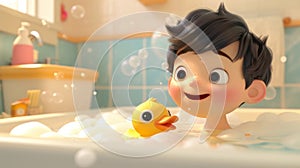 An animated child is seen taking a bubble bath with a rubber duck. The narrator talks about the importance of bath time