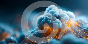 Animated Cloud Data Center Featuring Fiber Optics and Digital Processing Nodes in Corporate Tech Space