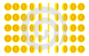 Animated coins set with popular currency symbols