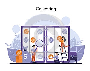 Animated collectors curate coins into