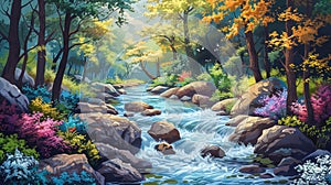 Animated colorful stream flowing through forest diverse flora bright