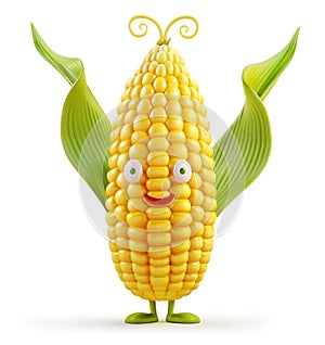 Animated corn character with a cheerful expression, with green leaves