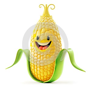 Animated corn cob with a joyful expression and green husk photo