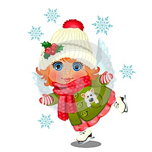 Animated cute little girl in winter clothes, knitted hat with pompon decorated with holly with angel wings skates