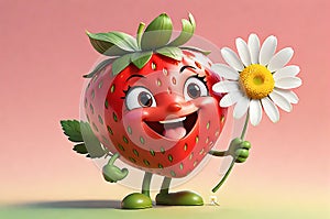 Animated Cute Strawberry Character Winking with a Charming Smile, Holding a Little Daisy - Pastel Bliss