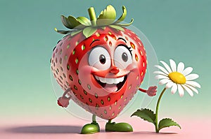 Animated Cute Strawberry Character Winking with a Charming Smile, Holding a Little Daisy - Pastel Bliss