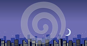 Animated cute urban city background at night with moonlight under screen display