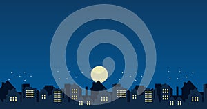 Animated cute urban city background at night with moonlight under screen displayanimated cute little urban city building backgroun