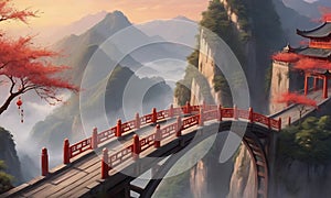 An animated depiction of an ancient suspension bridge with intricate Traditional Chinese New Year decorations. photo