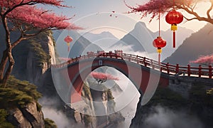 An animated depiction of an ancient suspension bridge with intricate Traditional Chinese New Year decorations. photo
