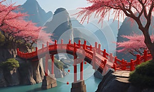 An animated depiction of an ancient suspension bridge with intricate Traditional Chinese New Year decorations. photo