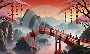 An animated depiction of an ancient suspension bridge with intricate Traditional Chinese New Year decorations. photo