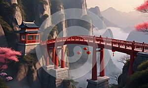 An animated depiction of an ancient suspension bridge with intricate Traditional Chinese New Year decorations. photo
