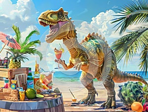Animated dinosaur serving exotic summer cocktails, beach bar scene, festive atmosphere, vivid detail