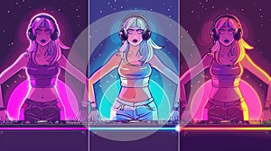 Animated DJ party banner with disco ball, girl dance, mixer console and cartoon illustration of woman dj with headphones