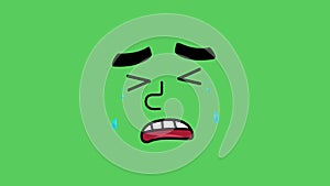 Animated face mark expressing regret on green background.