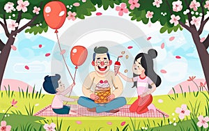 Animated family with two kids and a father enjoys a festive moment outdoors with balloons and treats under a cherry
