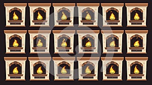 Animated fire in fireplace. Flames animation in retro home wood burning fireplaces isolated vector cartoon frames set