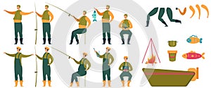 Animated Fisherman Character and Fishing Tools Set