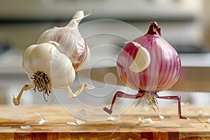 Animated garlic and onion characters with expressive faces, concept art.