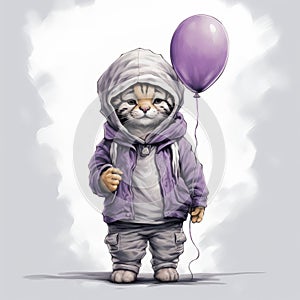 Animated Gif Of Tiger Holding Purple Balloon In Qian Xuan Style