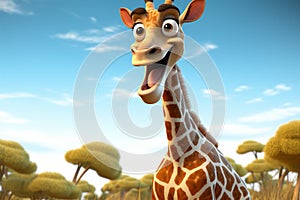 An animated giraffe character, radiating joy and infectious liveliness